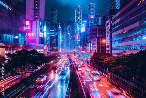 Vibrant futuristic cityscape with illuminated skyscrapers and light trails on highway. Urban night concept