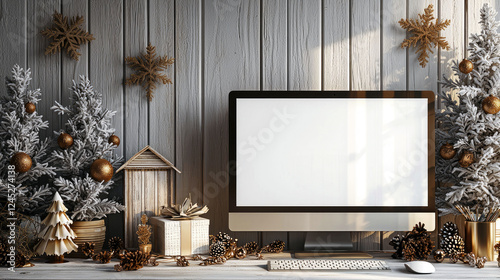 Cozy Christmas Workspace: Festive Computer Mockup with Winter Decorations
