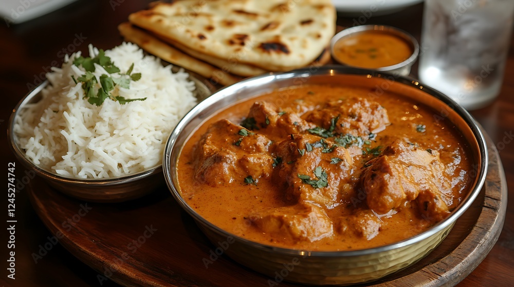 Butter chicken served in a brass bowl, accompanied by naan bread stacked on a wooden platter, fluffy basmati rice in a ceramic dish, and a side of mango chutney, Butter chicken served in a brass bowl, accompanied by naan bread stacked on a wooden platter, fluffy basmati rice in a ceramic dish, and a side of mango chutney,