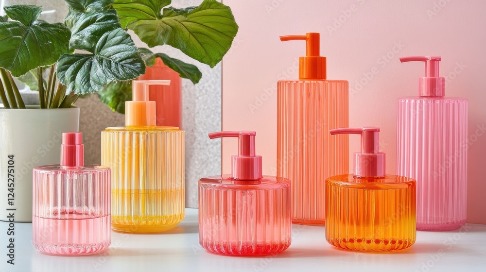 Chic and contemporary shampoo bottles in bold pink and orange hues, standing elegantly in a bright, clean setting. Chic and contemporary shampoo bottles in bold pink and orange hues, standing elegantly in a bright, clean setting.