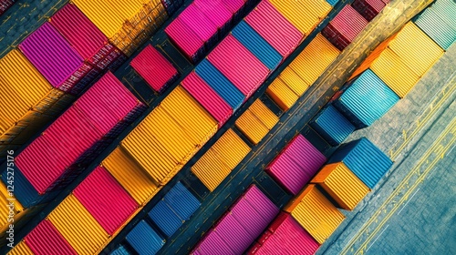 Vibrant 3D Shipping Containers Aerial View in Bright Colors Captured in Urban Setting photo