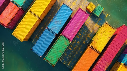 Colorful and Vibrant 3D Containers for Shipping Over a Water Surface in Flat Lay Perspective photo