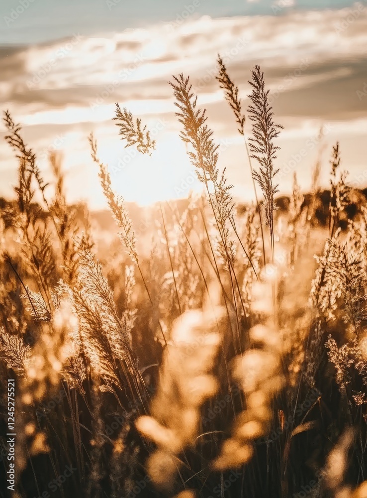 Fototapeta premium Sunset grasses field nature background serenity