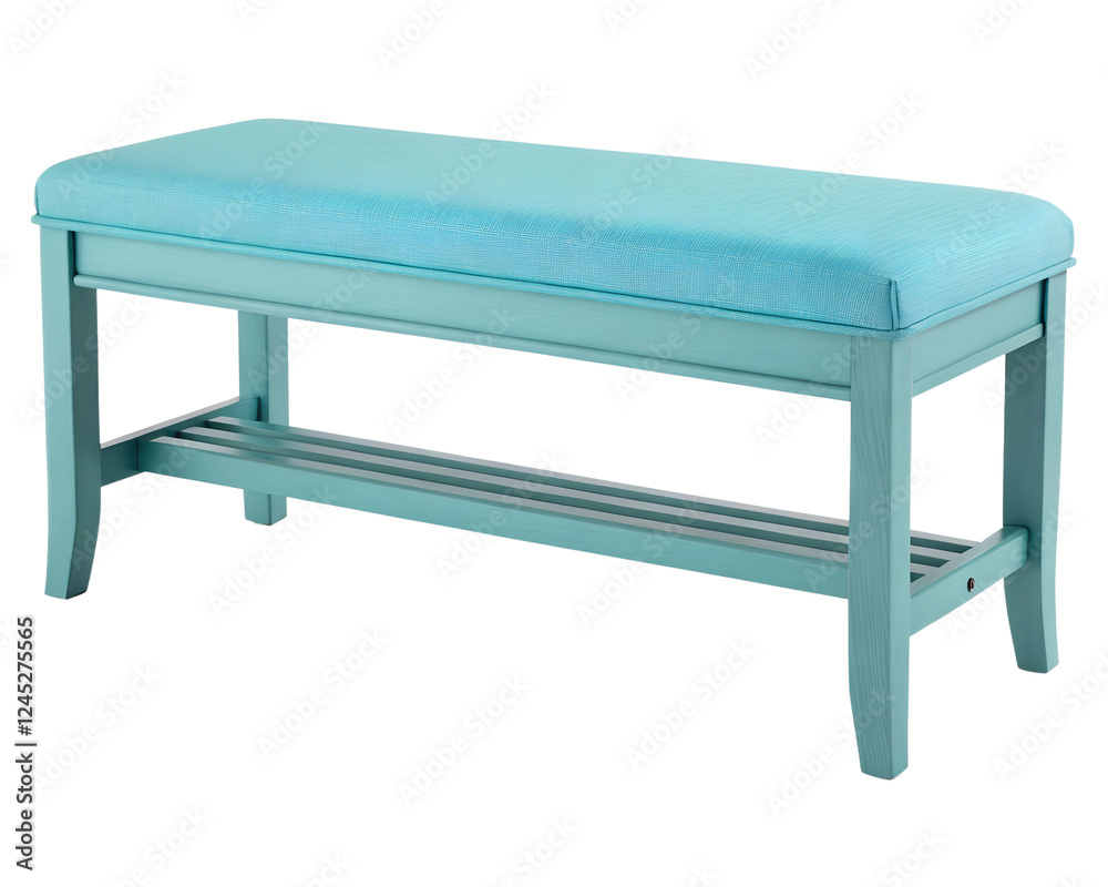 3d render style, front view of a light blue bench with a padded cushion on top., isolated on transparent background 3d render style, front view of a light blue bench with a padded cushion on top., isolated on transparent background