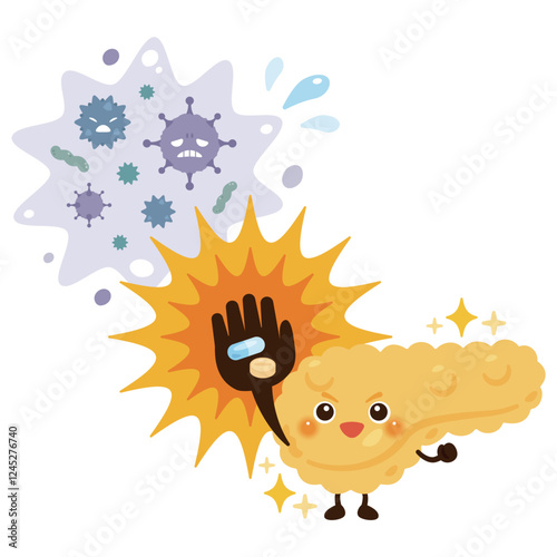 ウイルスを薬剤で治療して元気になる膵臓のキャラクターイラスト