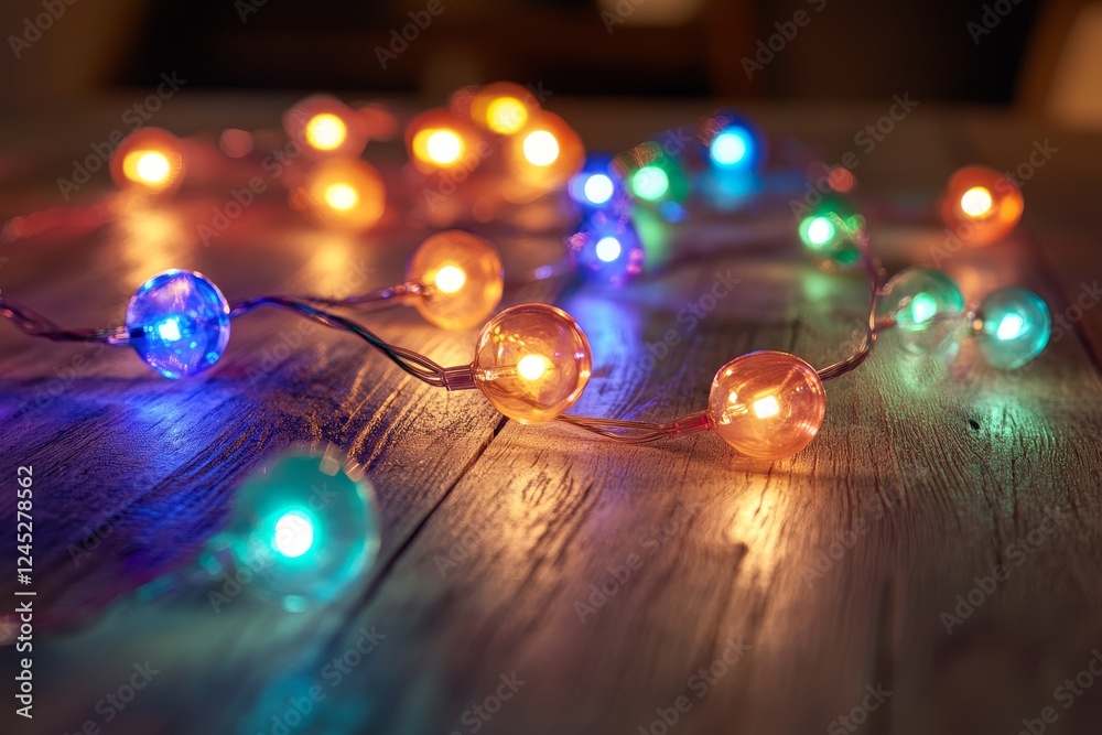Colorful lights on wooden table, cozy room Colorful lights on wooden table, cozy room