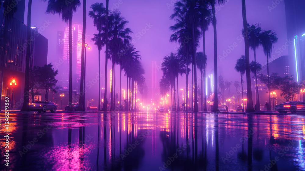 Fototapeta premium A mesmerizing city street at dusk, where vibrant neon lights cast an ethereal glow onto the sleek asphalt