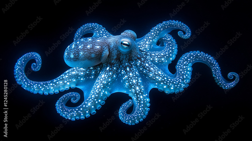 Obraz premium Glowing blue octopus on black background.