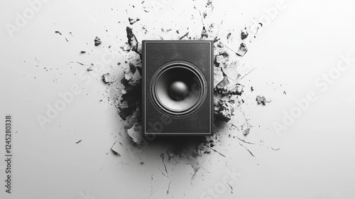 Powerful speaker impact on white wall with dynamic shattering effect