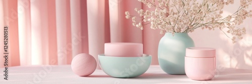 Pink and Light Blue Cosmetic Products Display with Flowers