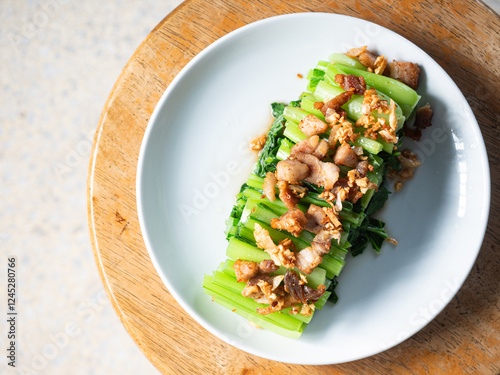 Top view Choy Sum with salty fried pork