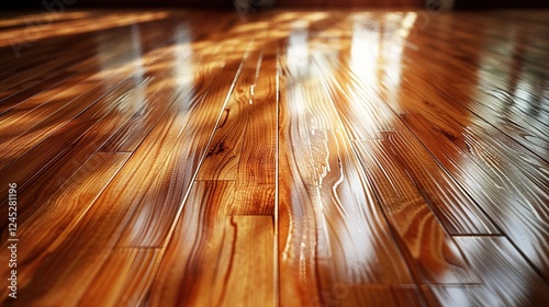 A beautifully polished wooden floor with a glossy finish, reflecting warm light, creating an inviting and serene atmosphere in the room.