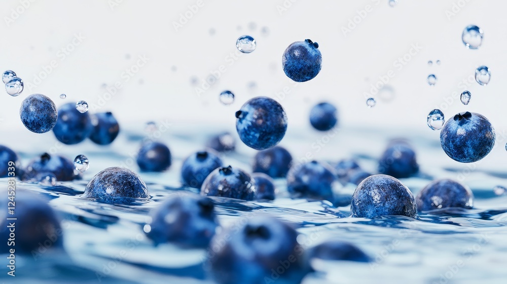 Fresh blueberries splashing into water with droplets