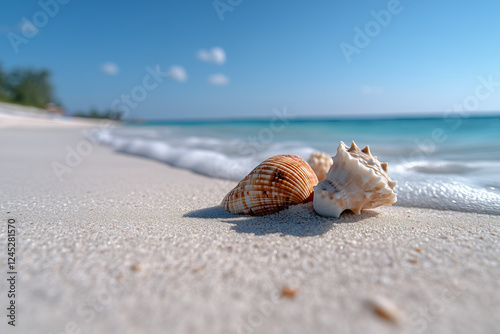 A high-resolution close-up of sun-kissed golden sand and seashells with gentle, rolling waves lapping at the shore photo