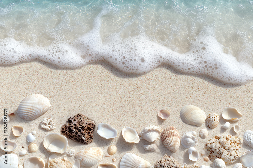 A high-resolution close-up of sun-kissed golden sand and seashells with gentle, rolling waves lapping at the shore A high-resolution close-up of sun-kissed golden sand and seashells with gentle, rolling waves lapping at the shore