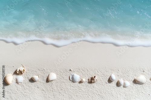 A high-resolution close-up of sun-kissed golden sand and seashells with gentle, rolling waves lapping at the shore photo