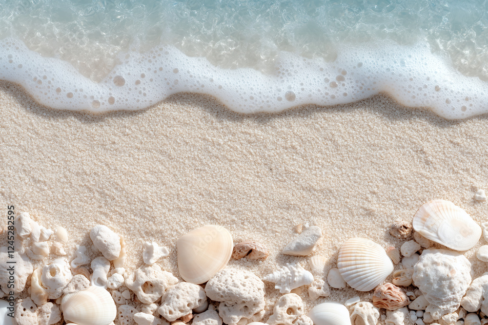 A high-resolution close-up of sun-kissed golden sand and seashells with gentle, rolling waves lapping at the shore A high-resolution close-up of sun-kissed golden sand and seashells with gentle, rolling waves lapping at the shore