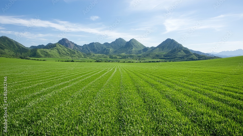 Lush green field, mountains background, sunny day, nature landscape, ideal for travel brochures Lush green field, mountains background, sunny day, nature landscape, ideal for travel brochures