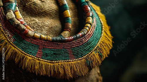 Colorful African Tribal Ornament and Necklace with Beads and Fringe Decoration Close Up. photo