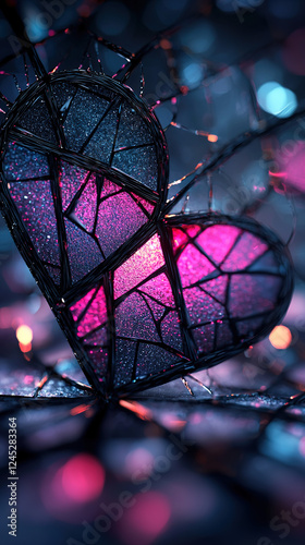  Abstract fractured heart, with glowing vibrant shards in red, blue, and yellow suspended in space, connected by flowing light patterns, symbolizing emotional energy, brokenness, and recovery

