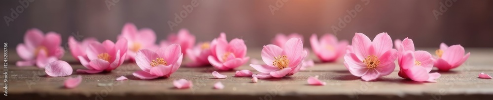 Delicate soft pink blossoms float on a wooden table's surface, quiet, serene, pink
