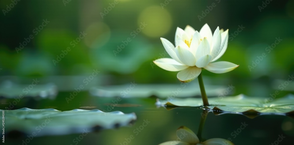Delicate white lotus stem emerging from the water surface, bloom, serene Delicate white lotus stem emerging from the water surface, bloom, serene