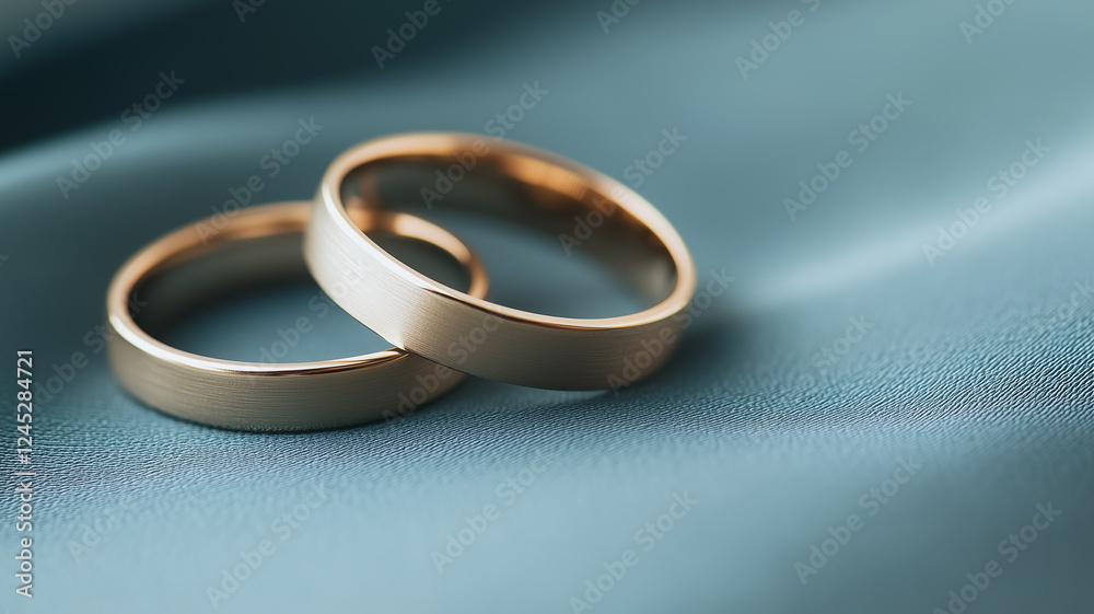 two simple gold wedding bands sit together on a soft, blue fabric. The rings symbolize the promise of love, commitment, and togetherness two simple gold wedding bands sit together on a soft, blue fabric. The rings symbolize the promise of love, commitment, and togetherness