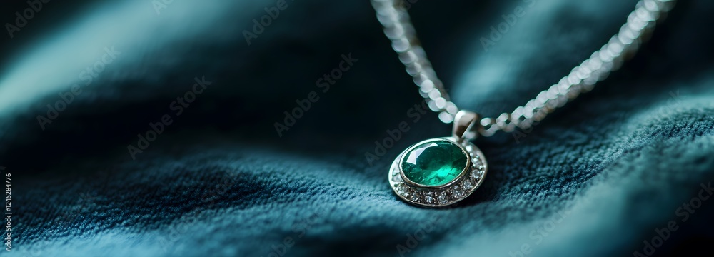Fototapeta premium A close-up of a delicate silver necklace with a vibrant emerald gemstone, resting on a velvet surface with soft, diffused lighting.