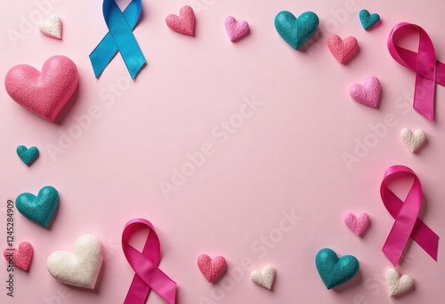 Vibrant Pink and Blue Ribbon Display Against Pastel Heart Background