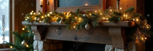 Golden and silver garland adorned on a wooden mantel amidst a rustic winter scene, rustic, mantel