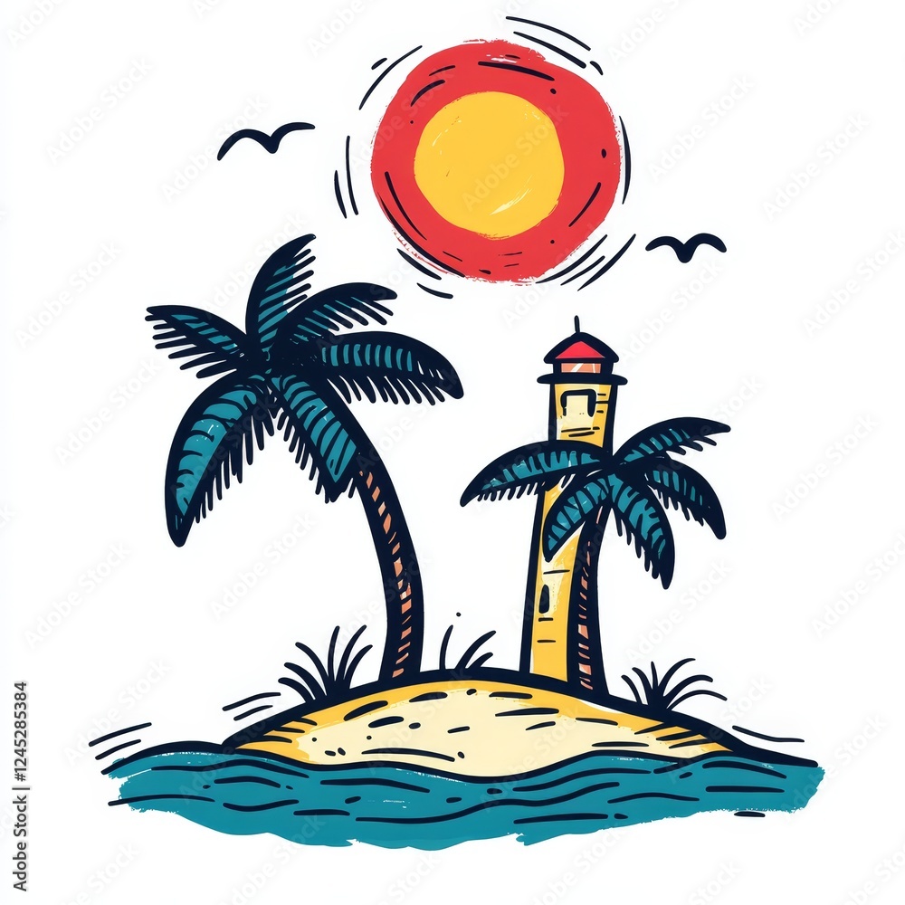 Obraz premium Tropical island lighthouse sunset sketch, ocean, birds