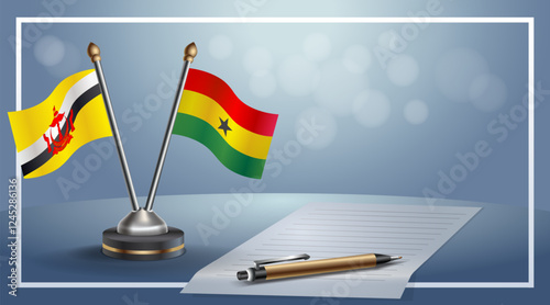 Brunei and Ghana National flags on small table with bokeh background, cooperative relationship