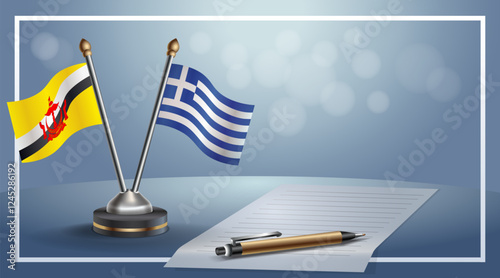 Brunei and Greece National flags on small table with bokeh background, cooperative relationship