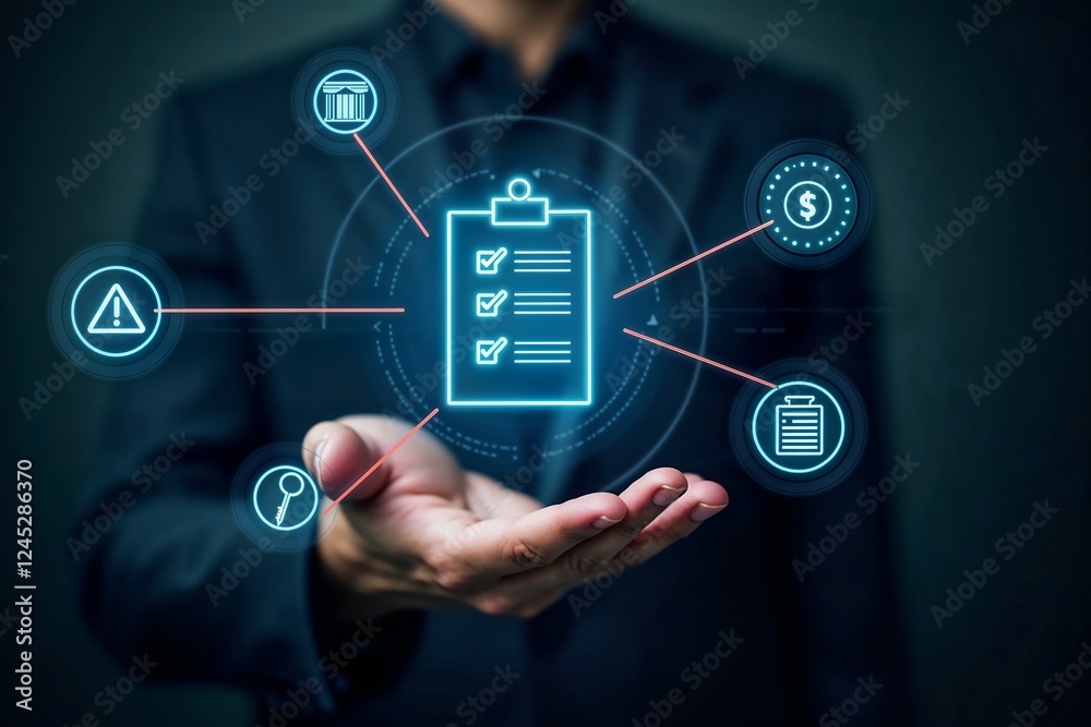 Hand Grasping Digital Symbols for Risk Management on Dark Background for Business Control Hand Grasping Digital Symbols for Risk Management on Dark Background for Business Control