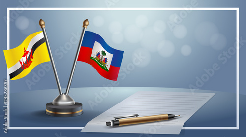 Brunei and Haiti National flags on small table with bokeh background, cooperative relationship