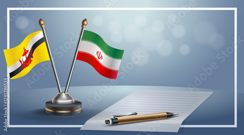 Brunei and Iran National flags on small table with bokeh background, cooperative relationship