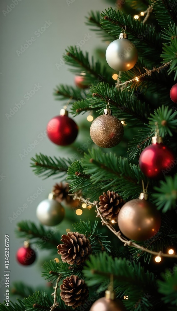 Pine tree decorated with a mix of ornaments and pinecones, Pine, Holiday, Decorations Pine tree decorated with a mix of ornaments and pinecones, Pine, Holiday, Decorations