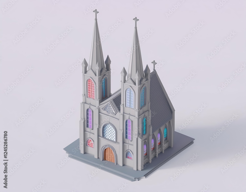 Fototapeta premium 3D isometric low poly model of a gothic church with colorful stained glass windows