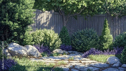 Peaceful backyard garden stone path, sunlight, privacy fence photo