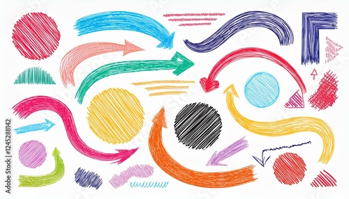 Brush line shape background abstract texture doodle set. Hand drawn sketch crayon scribble brush geometric shape color chalk effect background. Abstract arrow, circle, zigzag vector illustration
