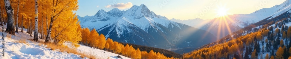 Fototapeta premium Snowy mountains with aspen trees golden in the sun, autumn, forest