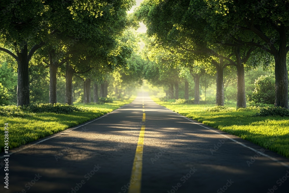 Fototapeta premium Sunlit tree-lined road during golden hour