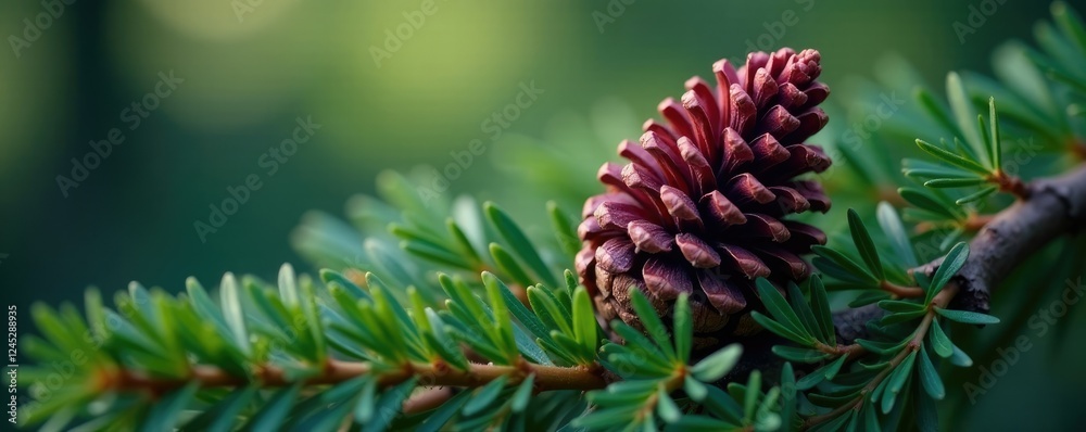 Violet cone nestled among leaves and branches, pine, branches Violet cone nestled among leaves and branches, pine, branches