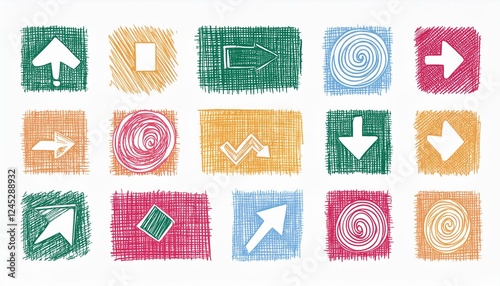 Crayon pencil color brush hand drawn chalk vector element set. Scribble pastel texture brush stroke kid square, spiral, arrow element hand drawn sketch design. Crayon pencil style. Vector illustration