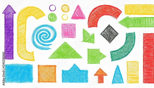 Crayon pencil color brush hand drawn chalk vector element set. Scribble pastel texture brush stroke kid square, spiral, arrow element hand drawn sketch design. Crayon pencil style. Vector illustration