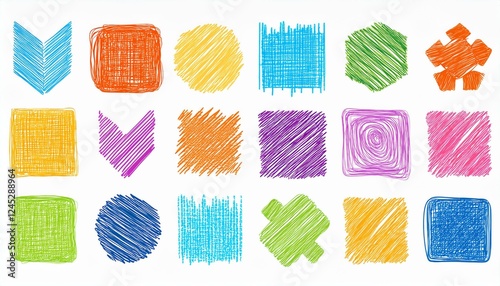 Crayon pencil color brush hand drawn chalk vector element set. Scribble pastel texture brush stroke kid square, spiral, arrow element hand drawn sketch design. Crayon pencil style. Vector illustration
