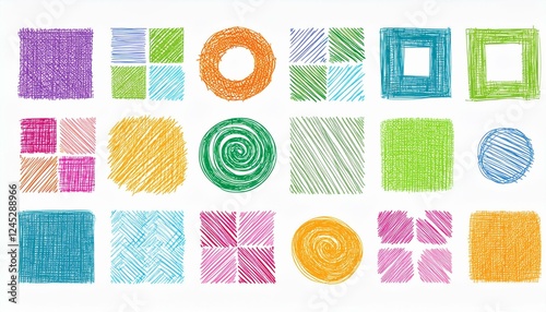 Crayon pencil color brush hand drawn chalk vector element set. Scribble pastel texture brush stroke kid square, spiral, arrow element hand drawn sketch design. Crayon pencil style. Vector illustration