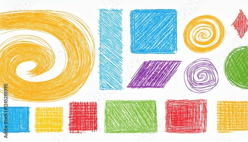 Crayon pencil color brush hand drawn chalk vector element set. Scribble pastel texture brush stroke kid square, spiral, arrow element hand drawn sketch design. Crayon pencil style. Vector illustration