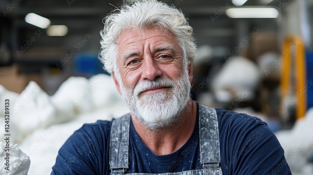 Senior factory worker smiling, amidst white material Senior factory worker smiling, amidst white material
