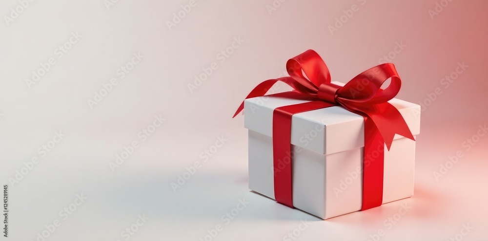 Obraz premium Voucher with red ribbon wrapped around a blank white gift box, ribbon, gift box, present